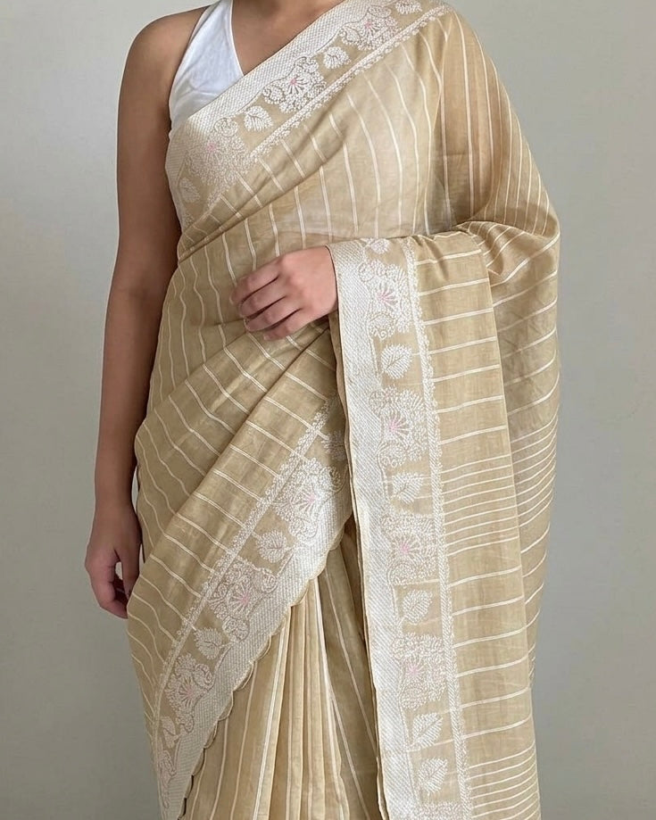 Golden Beige Cotton Saree with Zari Border