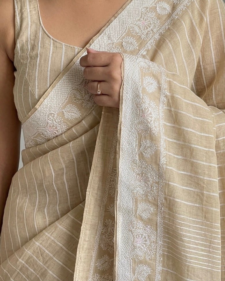 Golden Beige Cotton Saree with Zari Border