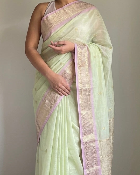 Green & Lilac Cotton Saree with Brocade Pallu