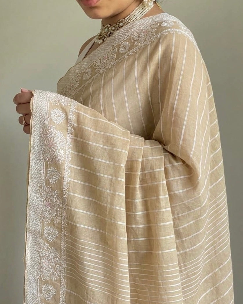 Golden Beige Cotton Saree with Zari Border