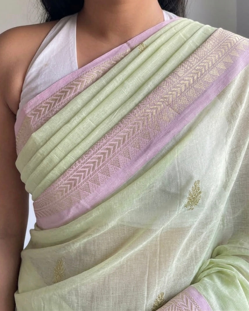 Green & Lilac Cotton Saree with Brocade Pallu