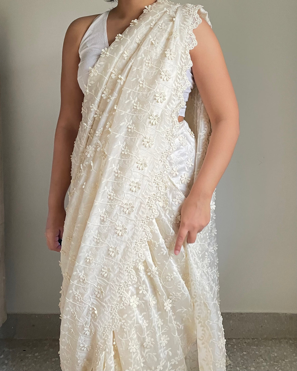 Off-White Floral Chikankari Silk Saree