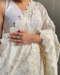 Off-White Floral Chikankari Silk Saree