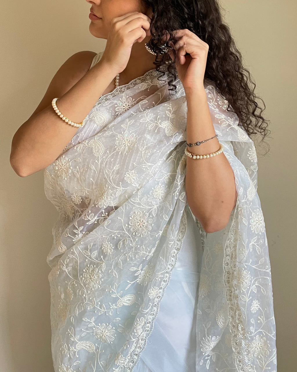 Sky Blue Chikankari Organza Saree