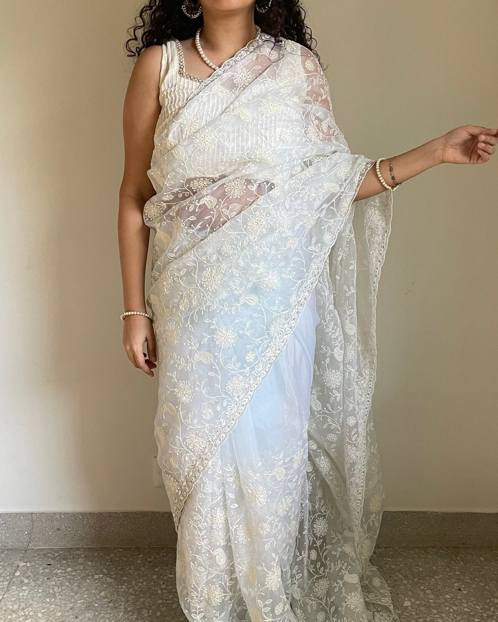 Sky Blue Chikankari Organza Saree