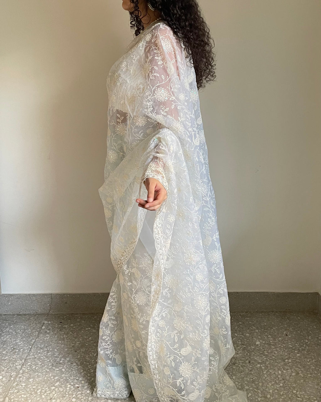 Sky Blue Chikankari Organza Saree