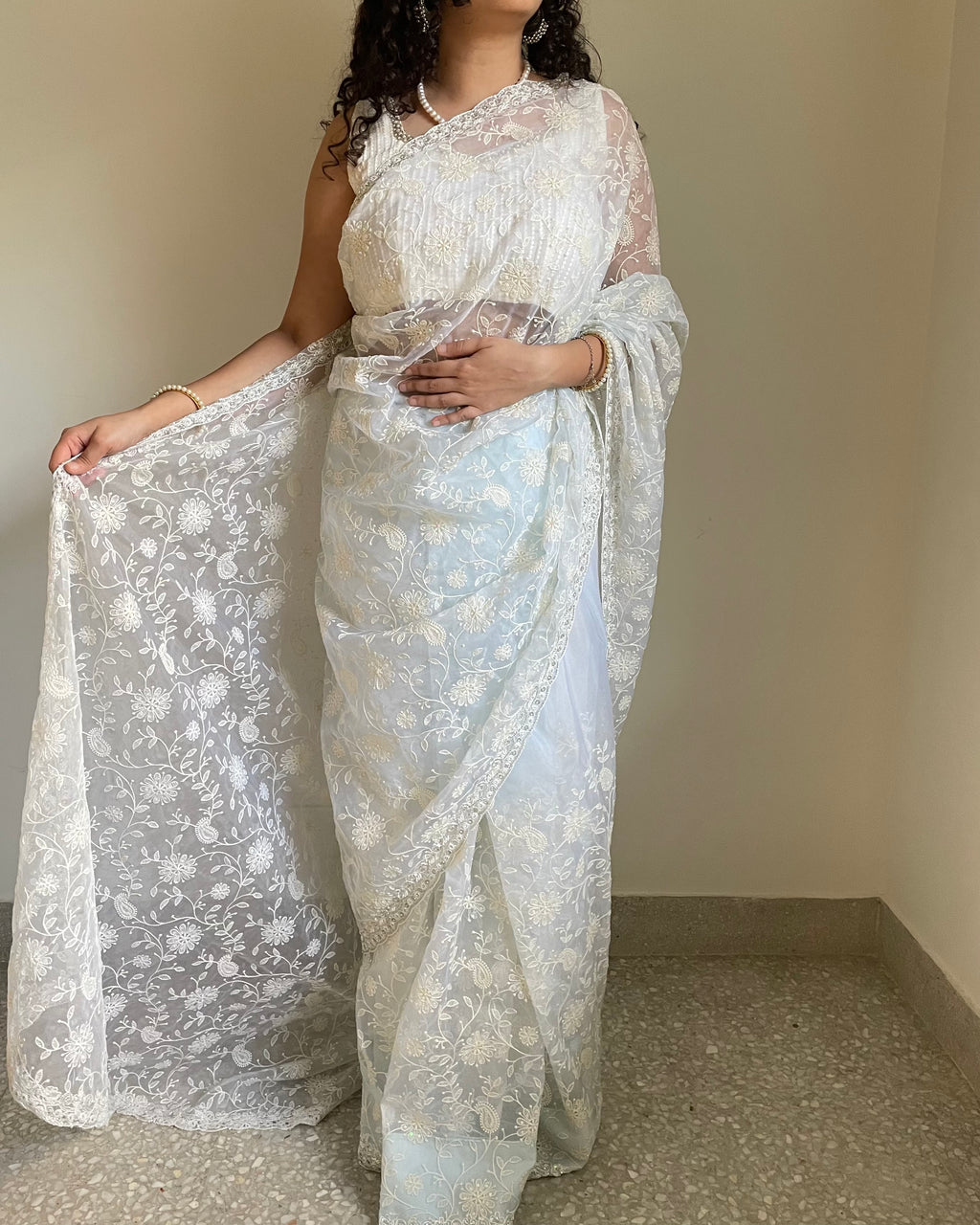 Sky Blue Chikankari Organza Saree