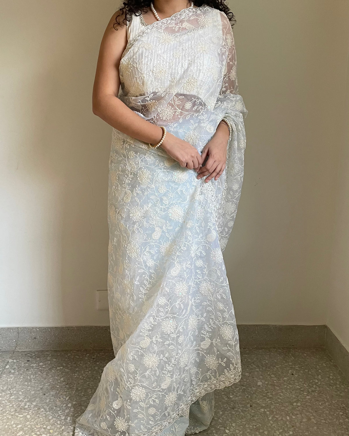 Sky Blue Chikankari Organza Saree