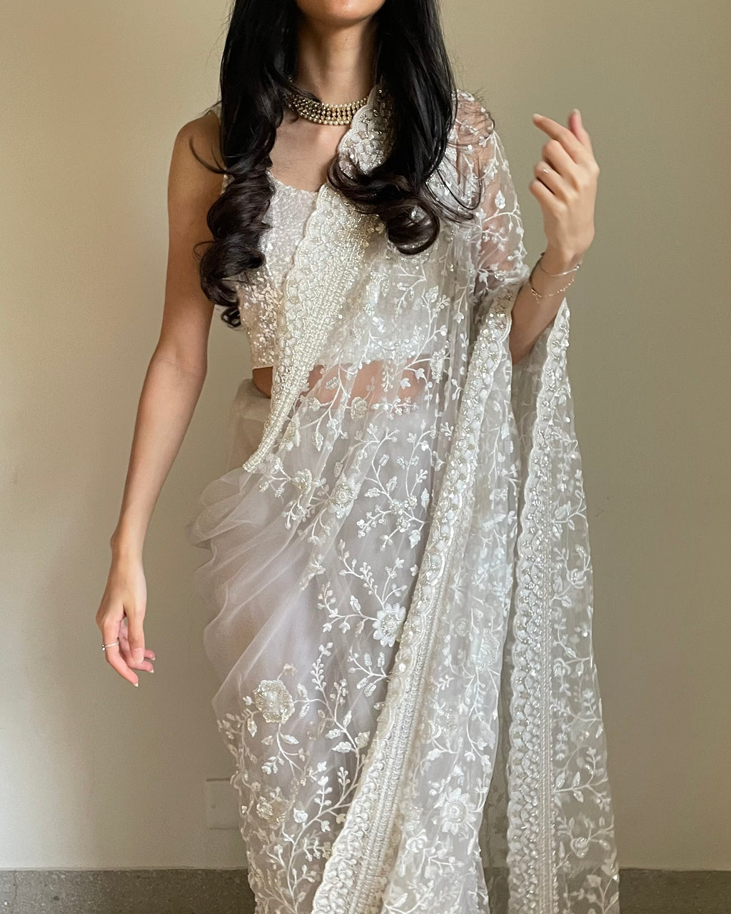 Light Grey Floral Jaal Organza Saree