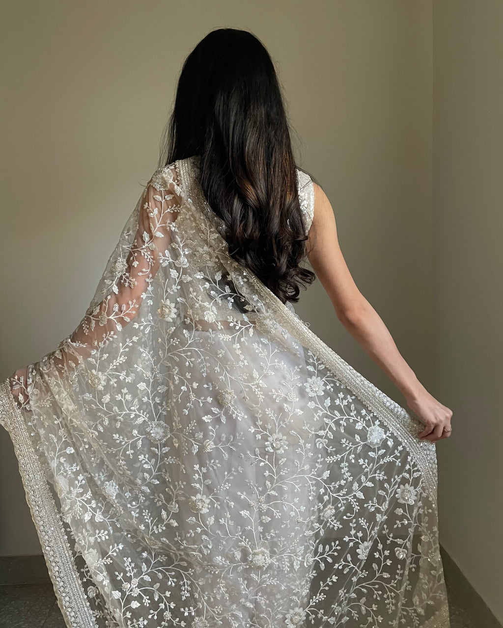 Light Grey Floral Jaal Organza Saree