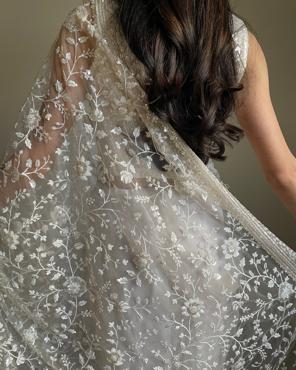 Light Grey Floral Jaal Organza Saree