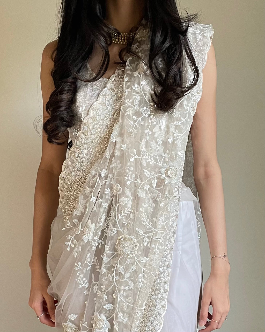 Light Grey Floral Jaal Organza Saree