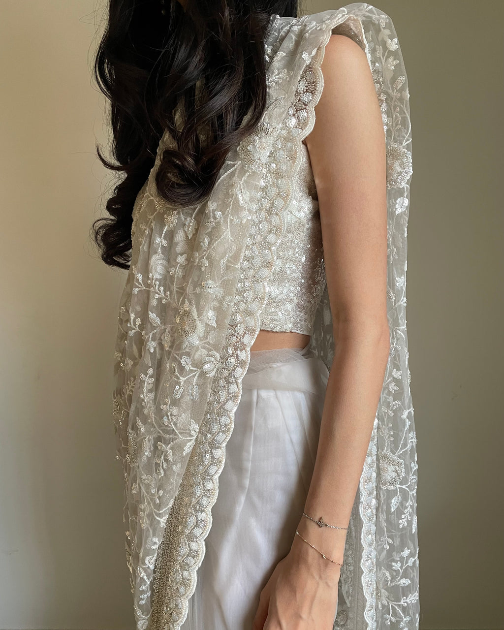 Light Grey Floral Jaal Organza Saree