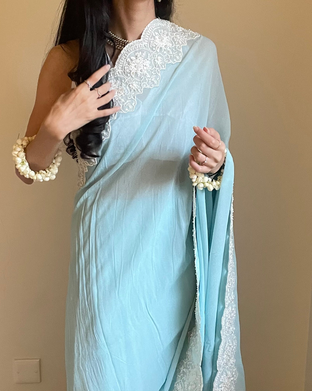 Sky Blue Chiffon Georgette Saree with Scalloped Floral Border