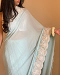 Sky Blue Chiffon Georgette Saree with Scalloped Floral Border
