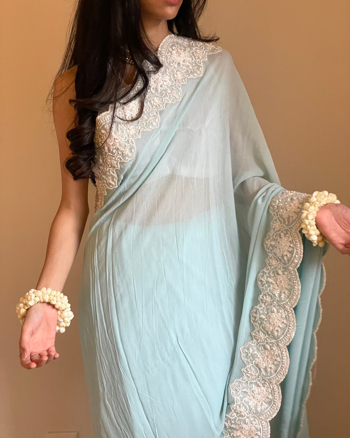 Sky Blue Chiffon Georgette Saree with Scalloped Floral Border