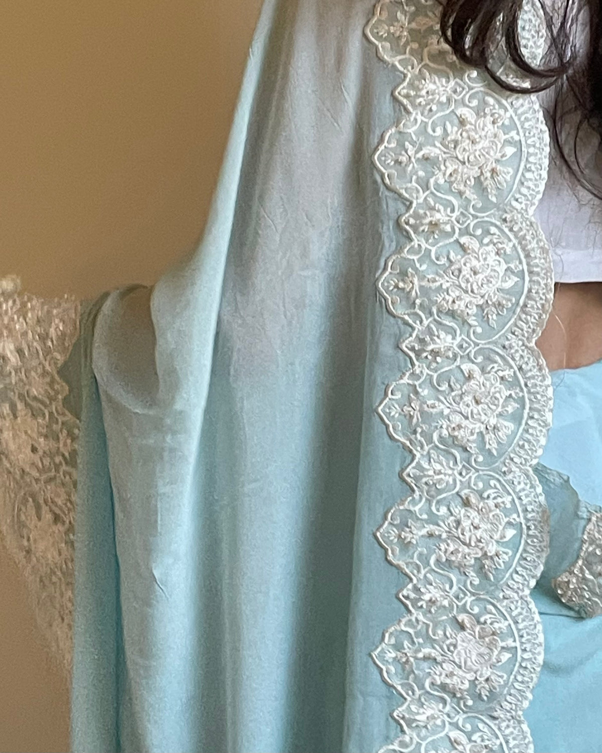 Sky Blue Chiffon Georgette Saree with Scalloped Floral Border