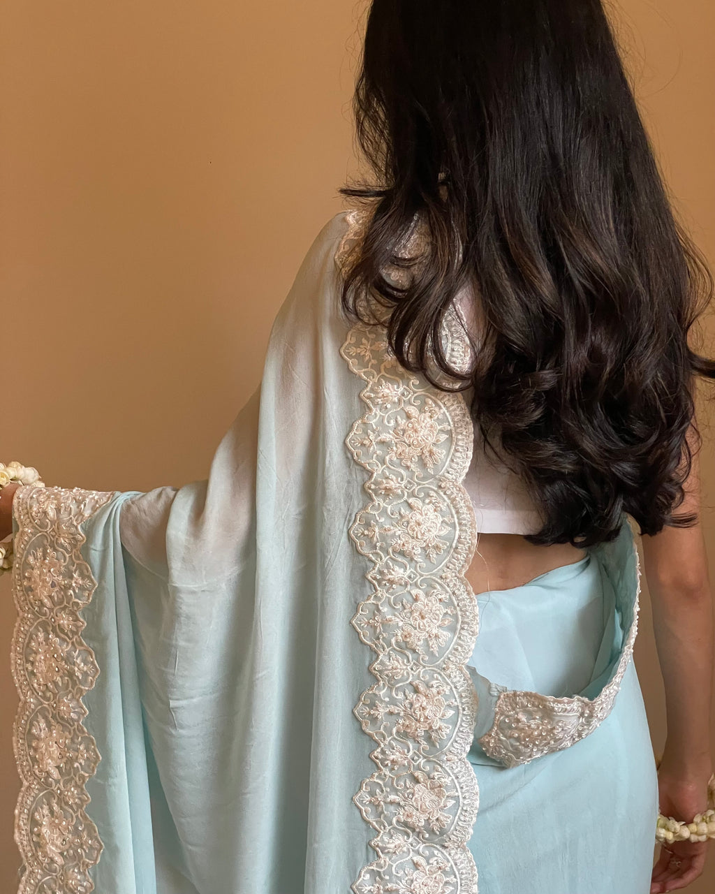 Sky Blue Chiffon Georgette Saree with Scalloped Floral Border