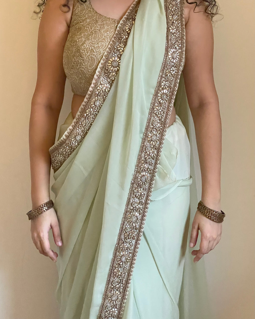 Sage Green Chiffon Saree with Antique-Gold Floral Border