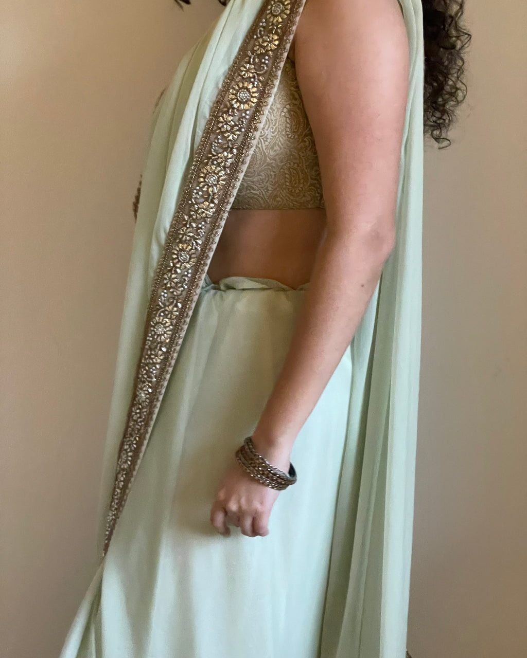Sage Green Chiffon Saree with Antique-Gold Floral Border