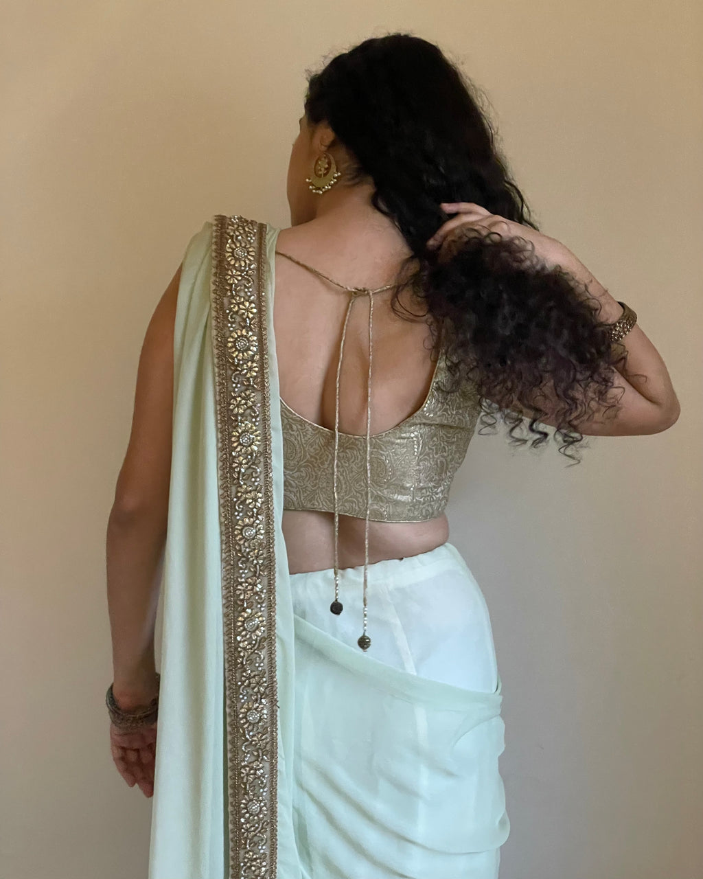 Sage Green Chiffon Saree with Antique-Gold Floral Border