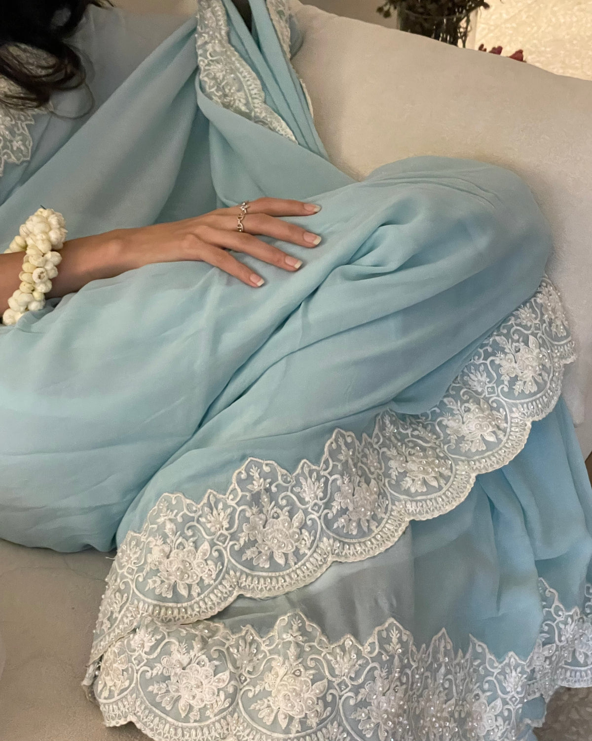 Sky Blue Chiffon Georgette Saree with Scalloped Floral Border