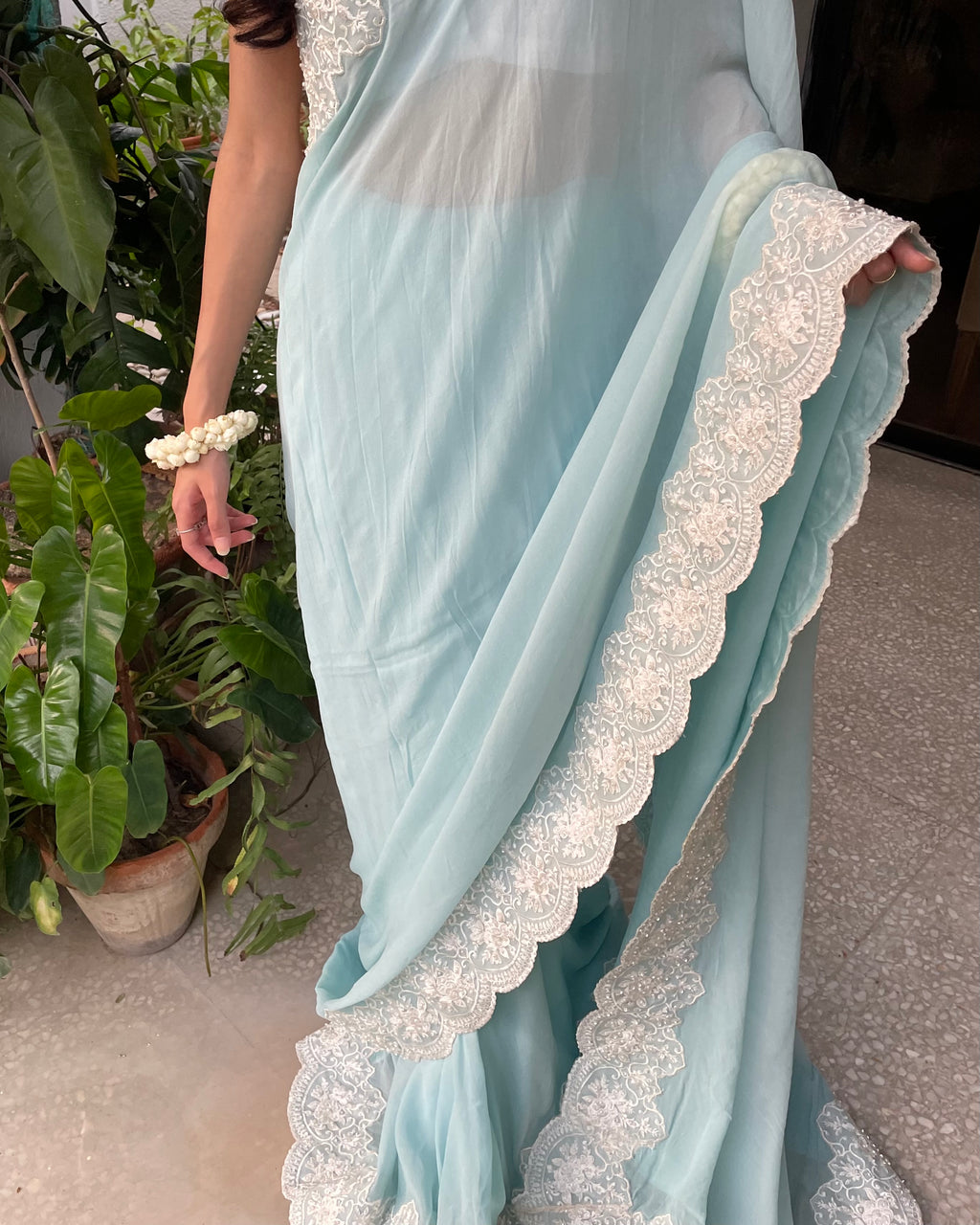 Sky Blue Chiffon Georgette Saree with Scalloped Floral Border