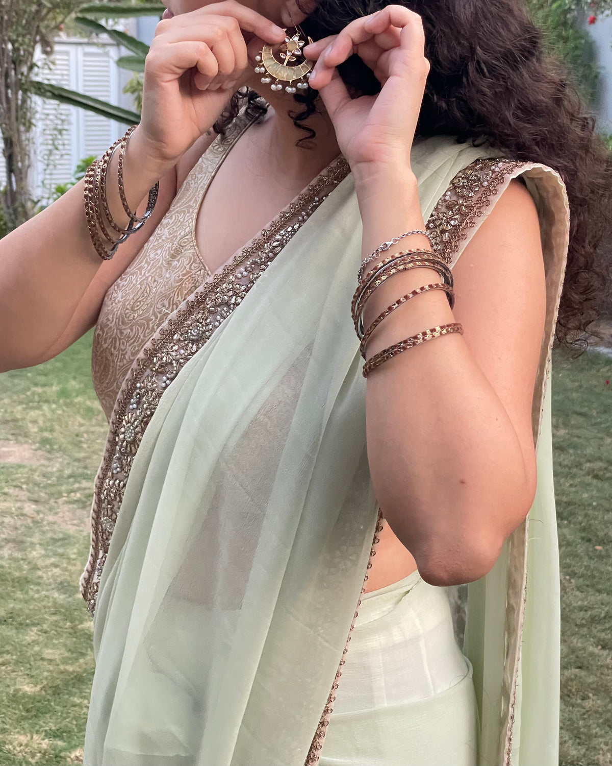 Sage Green Chiffon Saree with Antique-Gold Floral Border