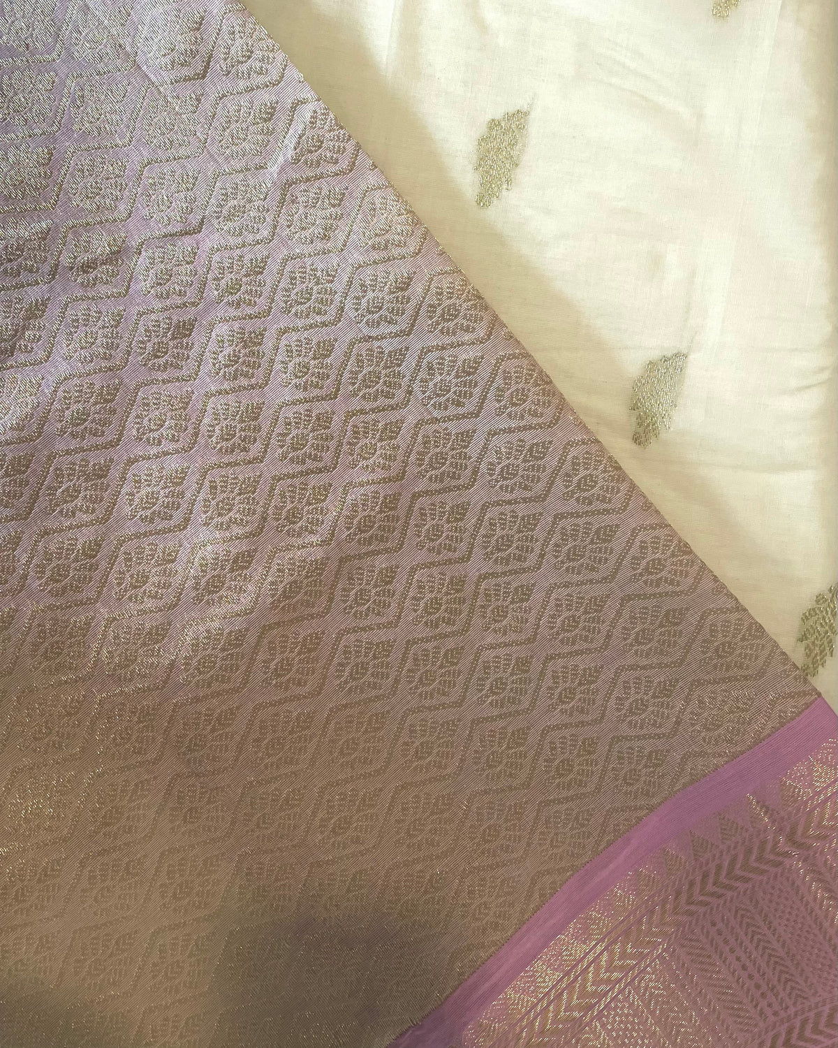 Green & Lilac Cotton Saree with Brocade Pallu