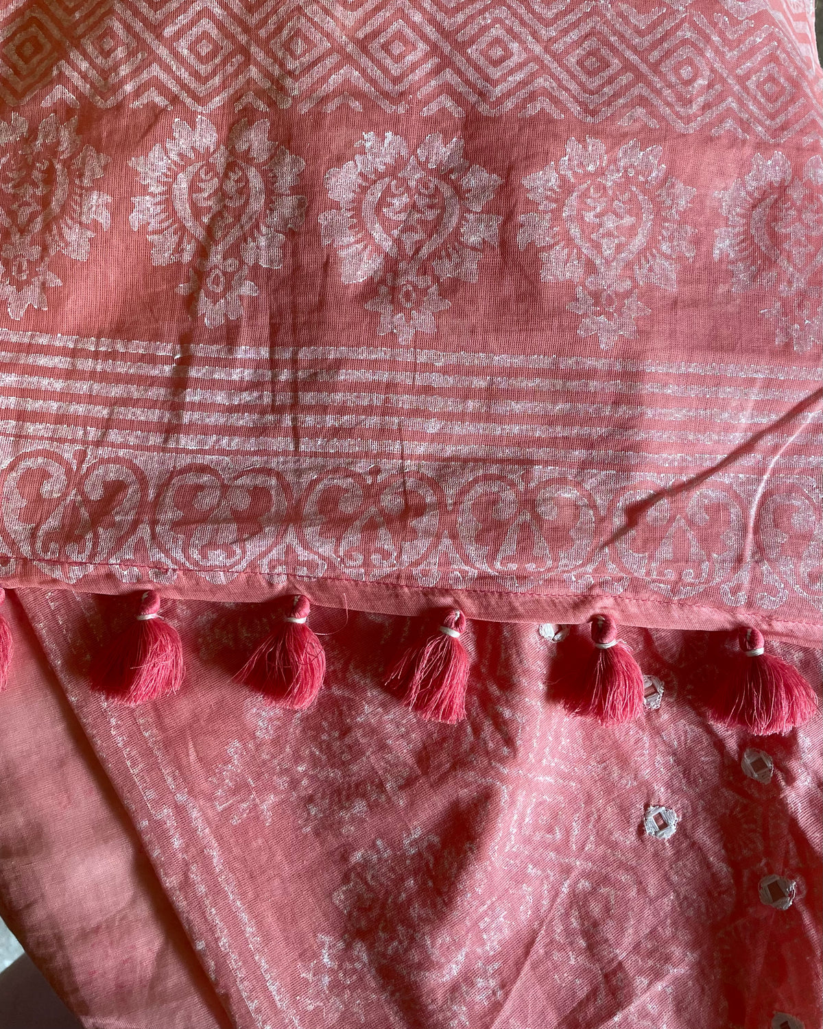 Coral Pink Block-Printed Cotton Saree