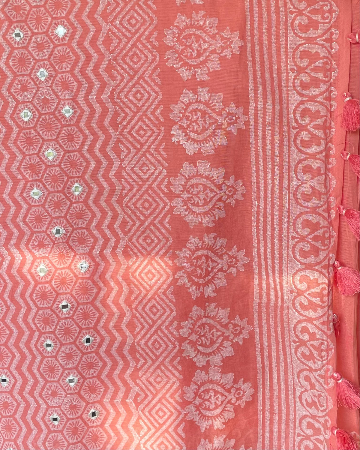 Coral Pink Block-Printed Cotton Saree