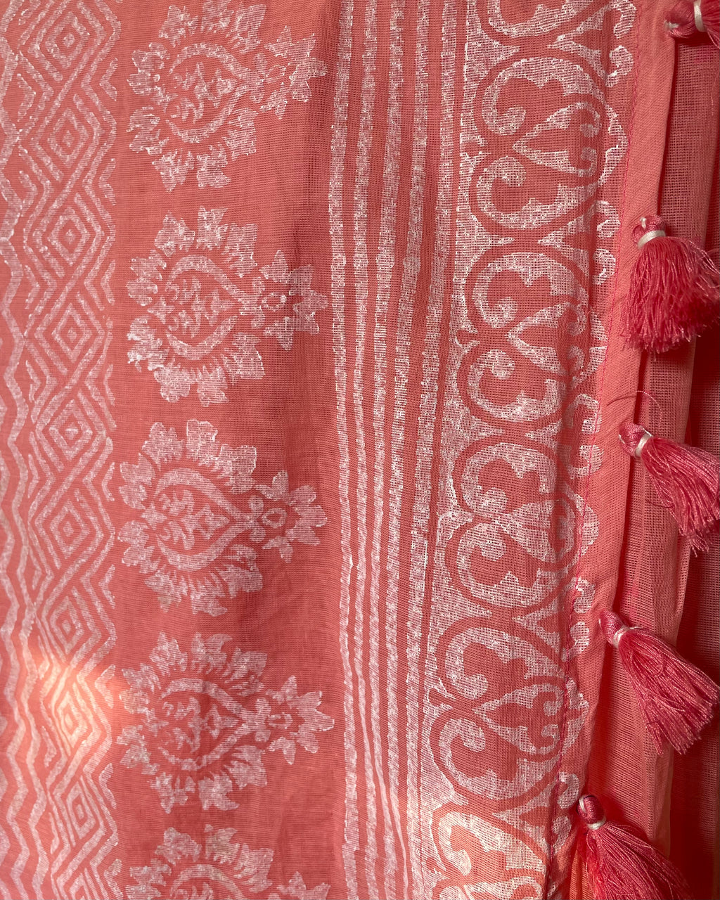 Coral Pink Block-Printed Cotton Saree
