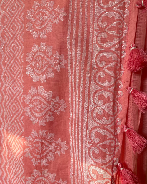 Coral Pink Block-Printed Cotton Saree