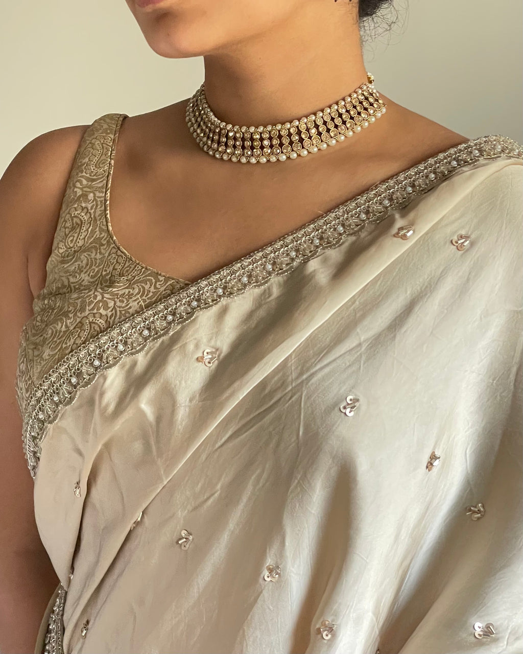 Soft Beige Silk Saree with Silver Zardozi