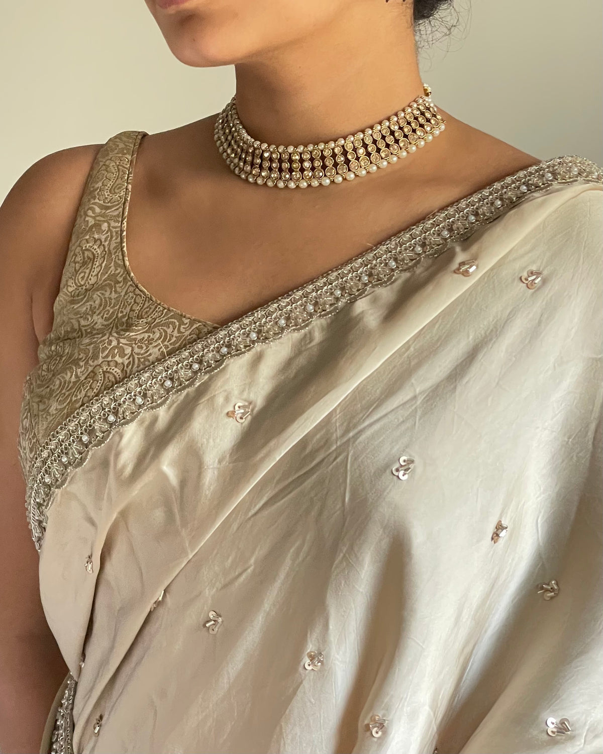 Soft Beige Silk Saree with Silver Zardozi