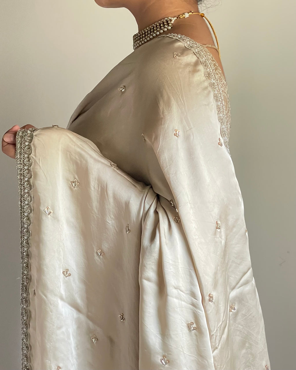 Soft Beige Silk Saree with Silver Zardozi