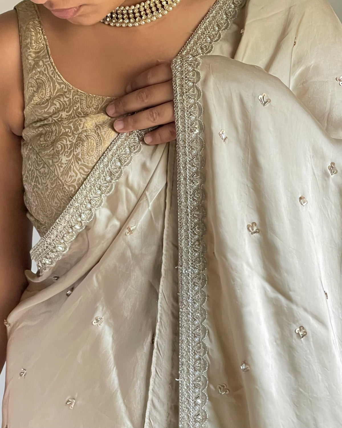 Soft Beige Silk Saree with Silver Zardozi