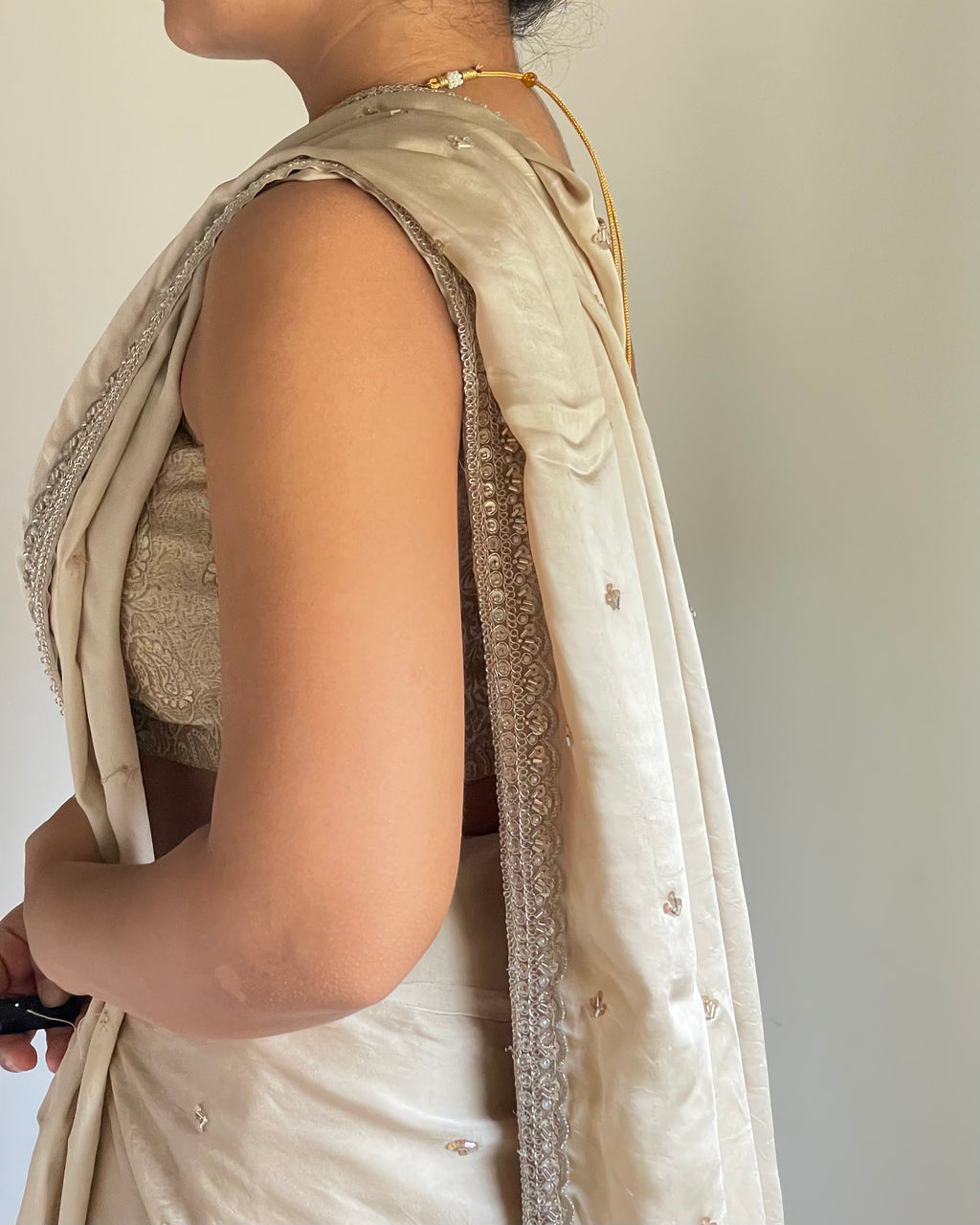 Soft Beige Silk Saree with Silver Zardozi