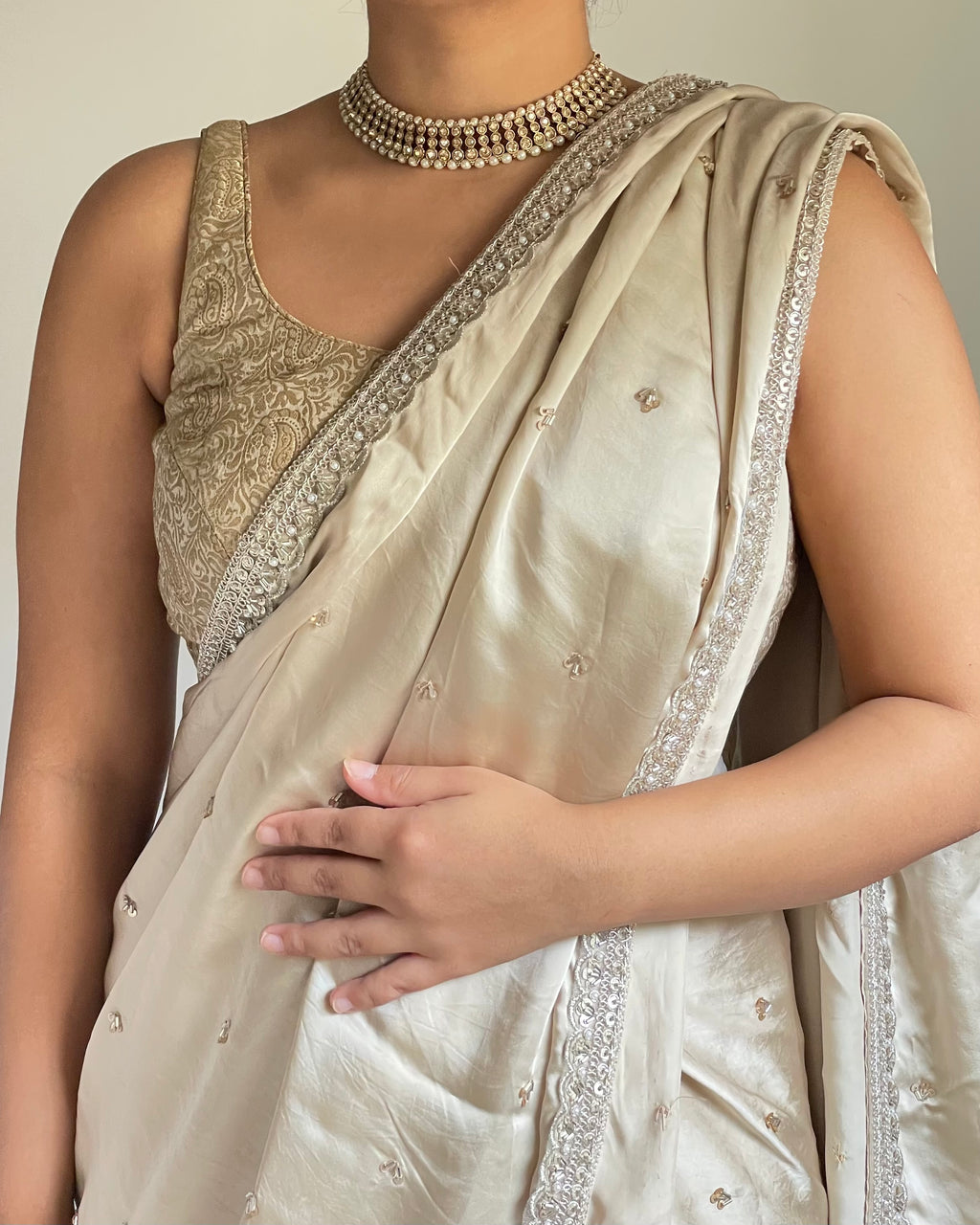 Soft Beige Silk Saree with Silver Zardozi