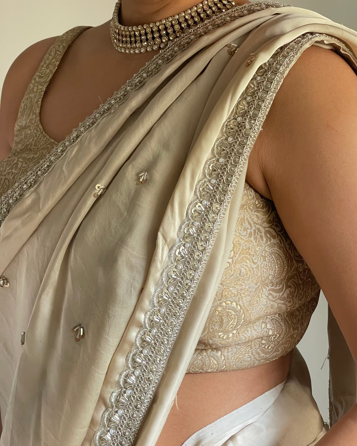 Soft Beige Silk Saree with Silver Zardozi