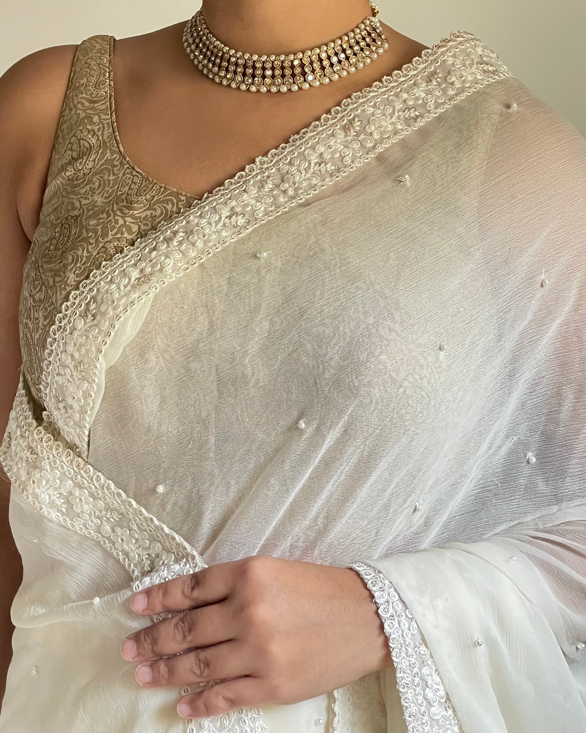 Ivory Chikankari Saree in Chiffon