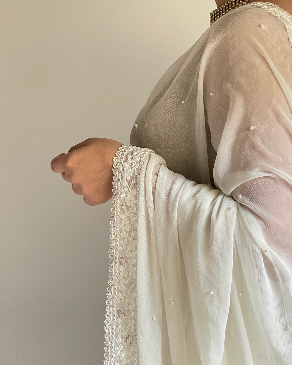 Ivory Chikankari Saree in Chiffon