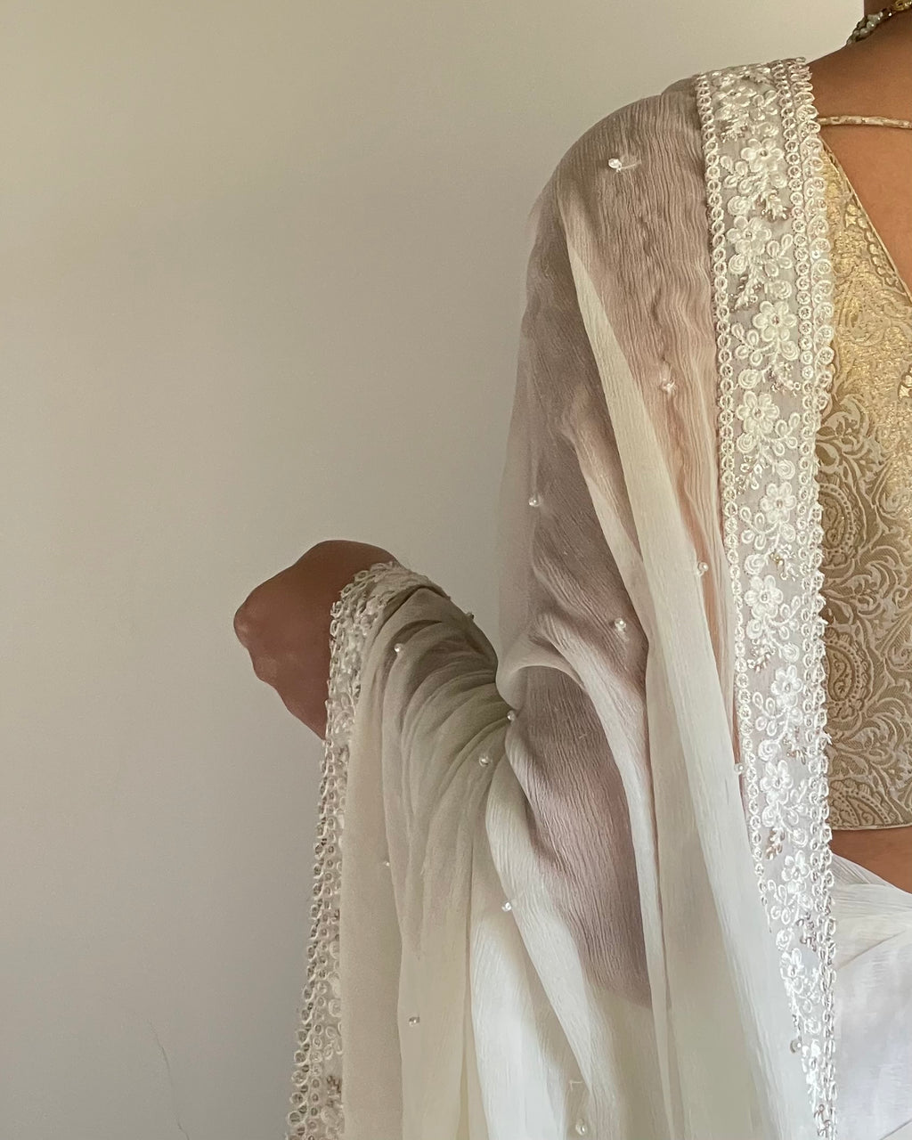 Ivory Chikankari Saree in Chiffon