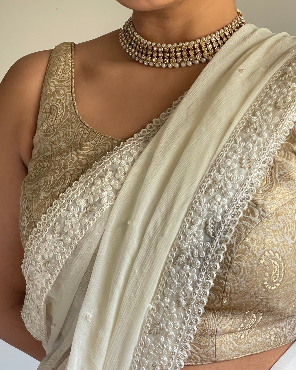 Ivory Chikankari Saree in Chiffon