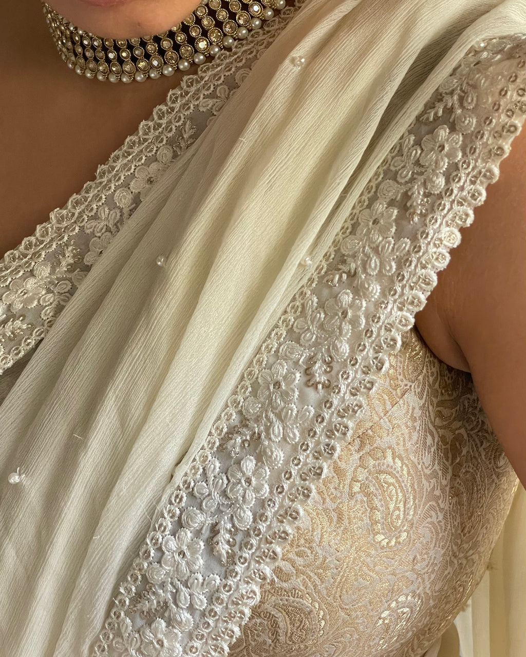 Ivory Chikankari Saree in Chiffon