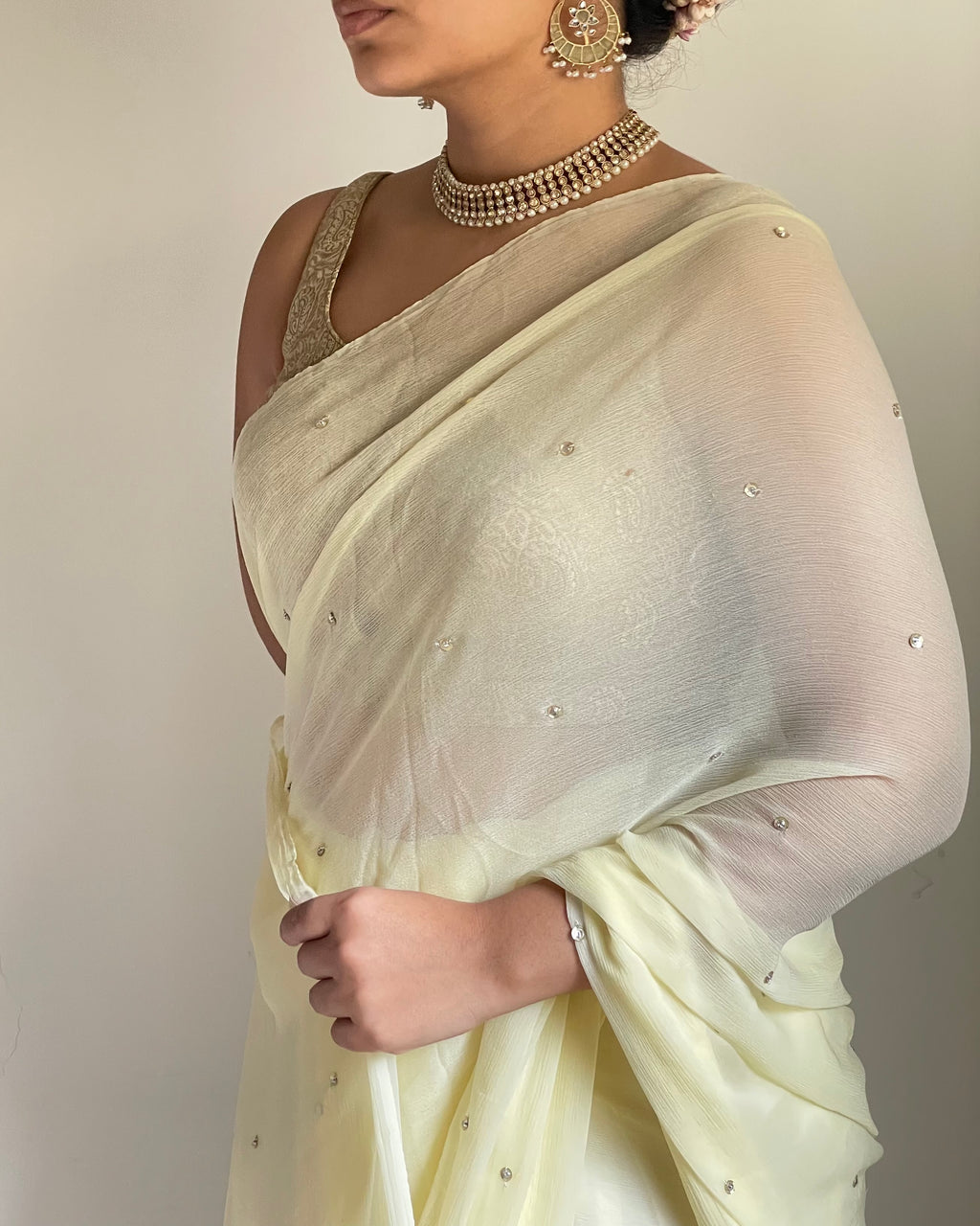 Butter Yellow Chiffon Saree with Antique-Gold Zardozi