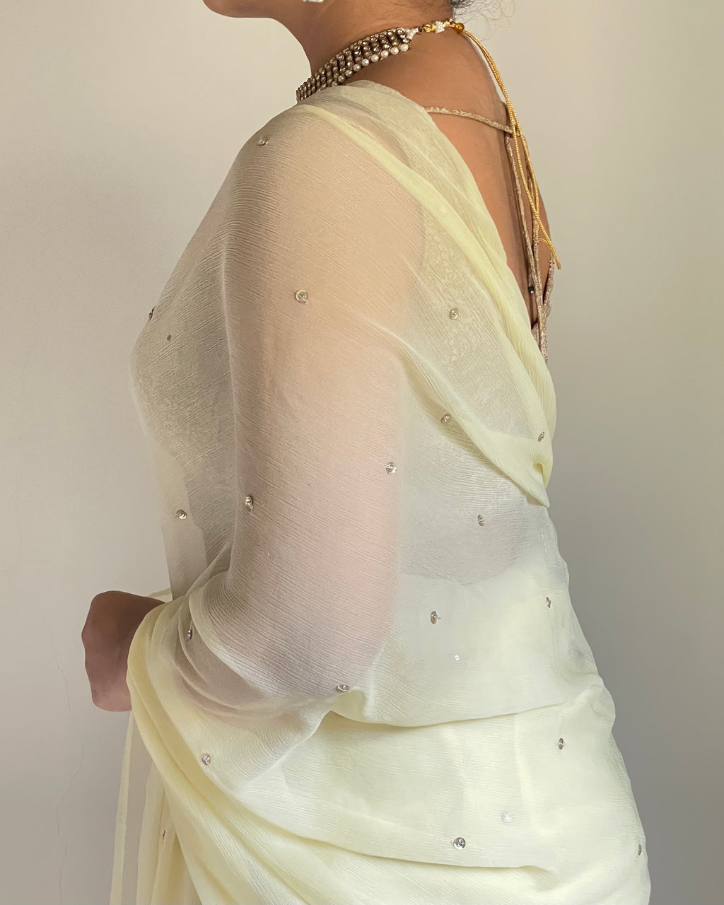 Butter Yellow Chiffon Saree with Antique-Gold Zardozi