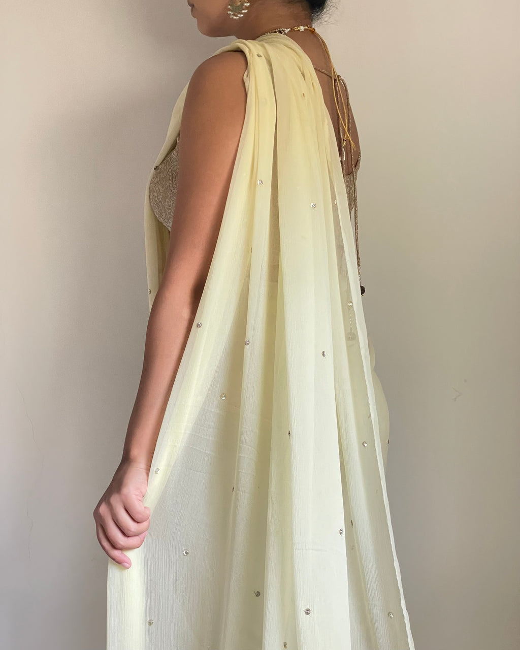 Butter Yellow Chiffon Saree with Antique-Gold Zardozi