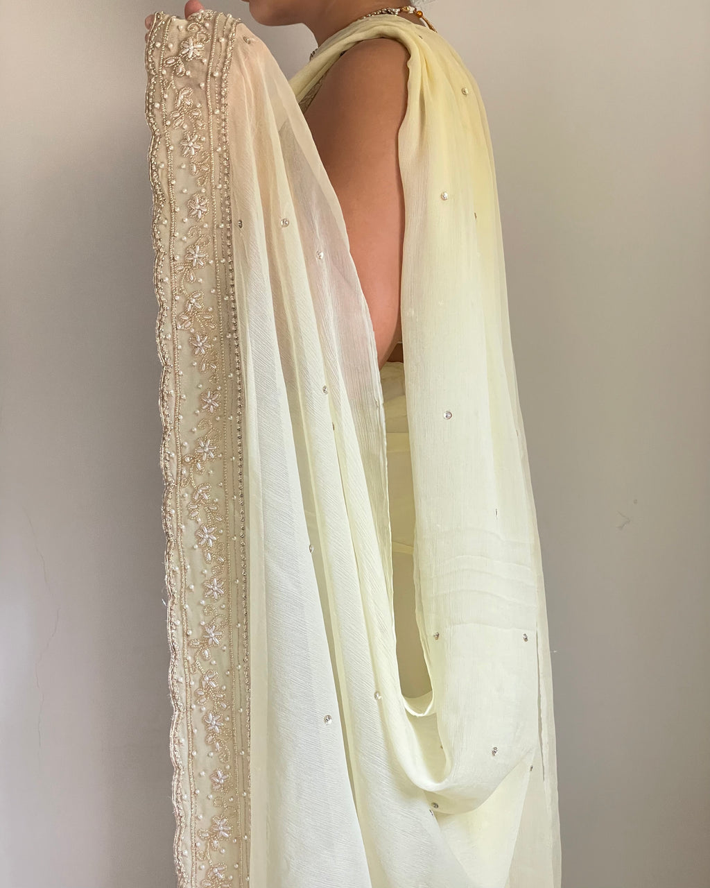 Butter Yellow Chiffon Saree with Antique-Gold Zardozi