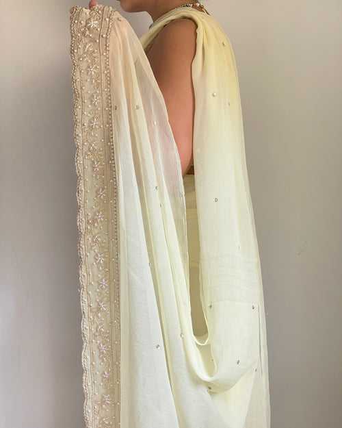 Butter Yellow Chiffon Saree with Antique-Gold Zardozi